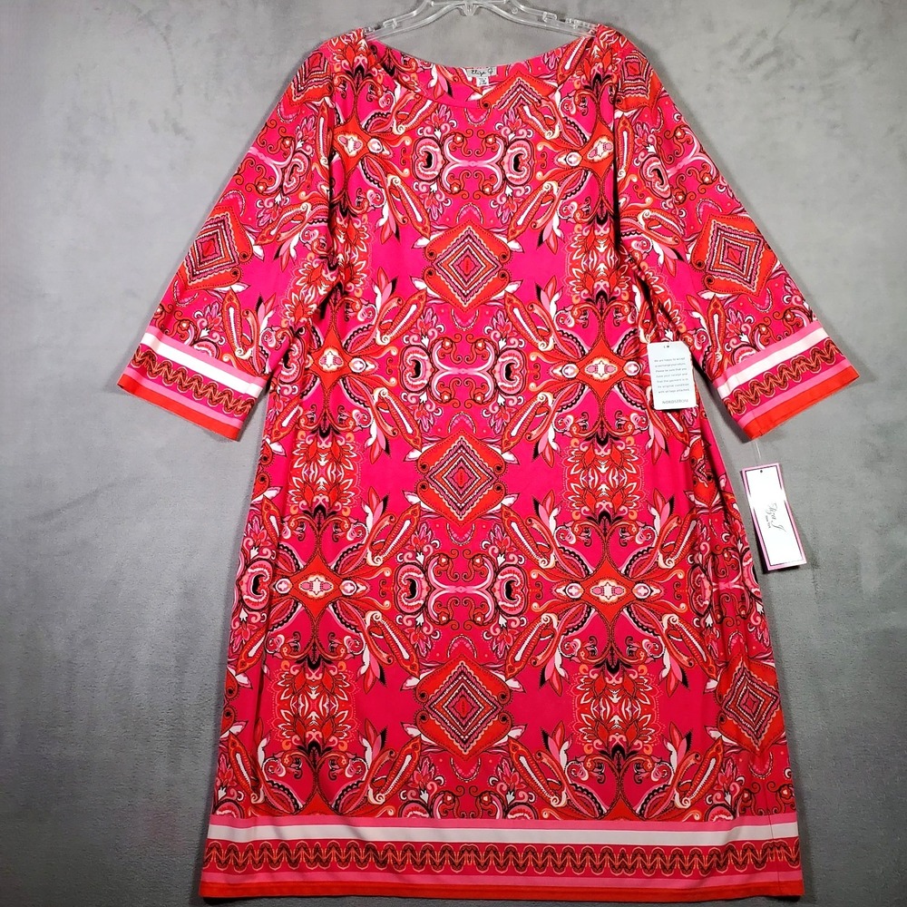 Eliza J Dress Women 22W Pink Orange Paisley Shift Stretch Boho Office Resort NEW